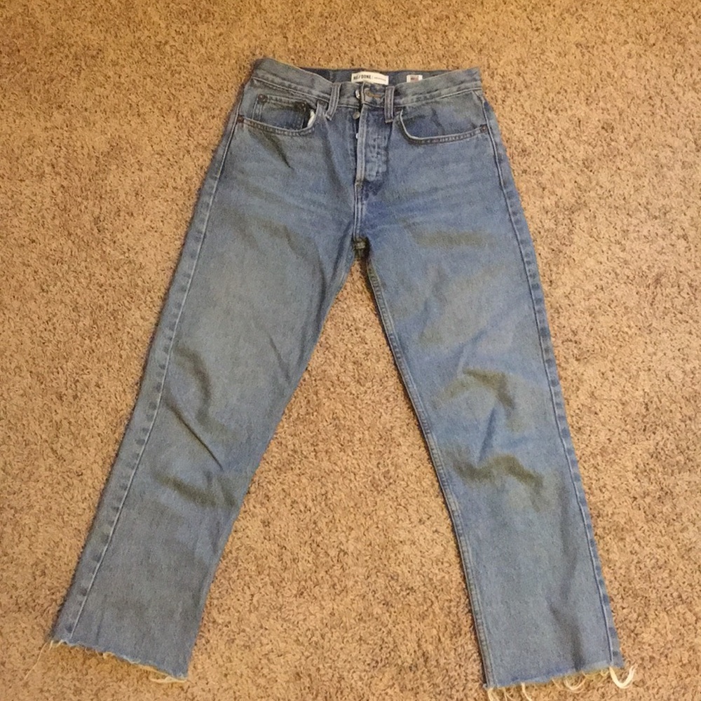 redone stovepipe blue denim jeans cropped
